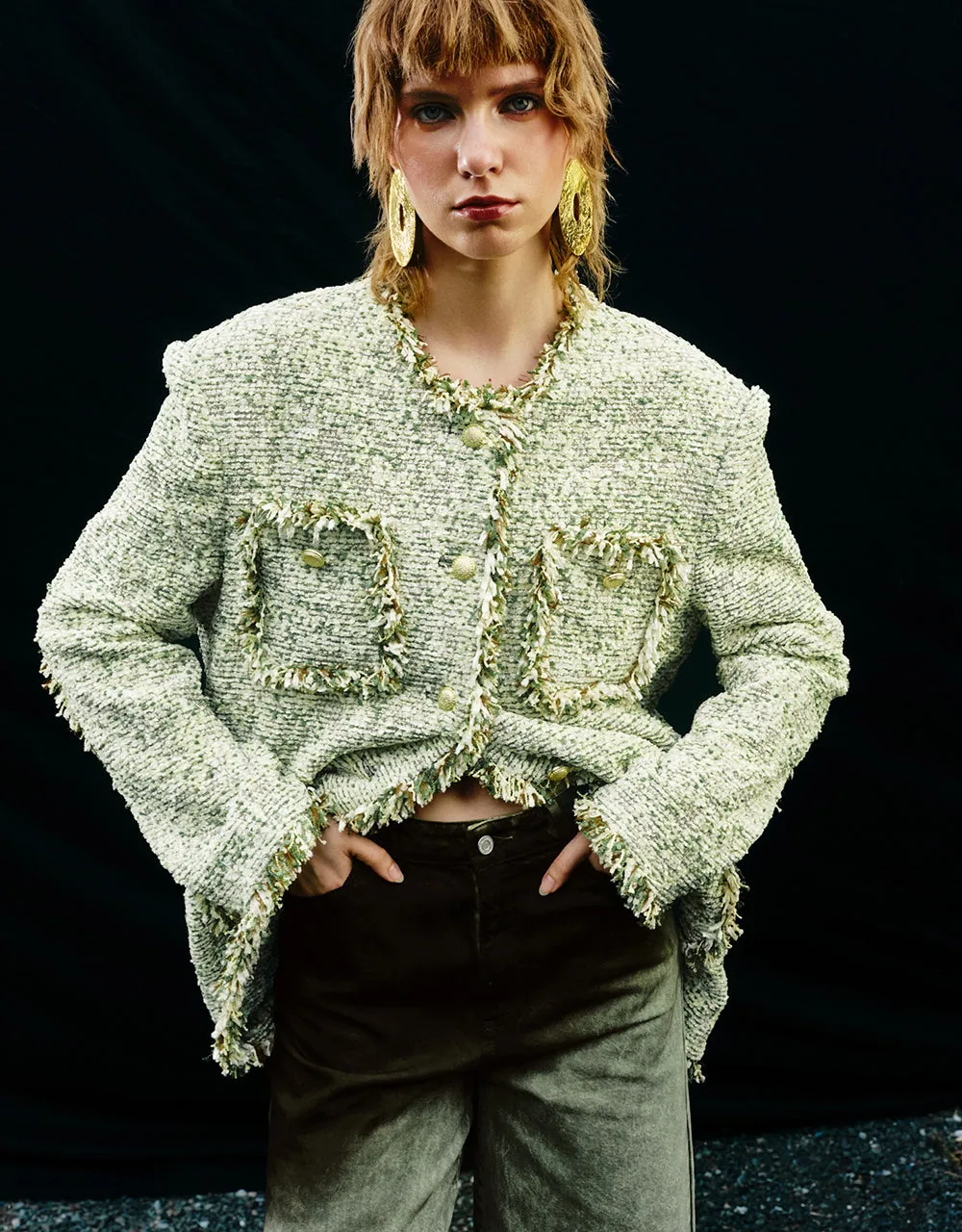 Raw Hem Crew Neck Tweed Jacket sold by Urban Revivo product image thumbnail 3