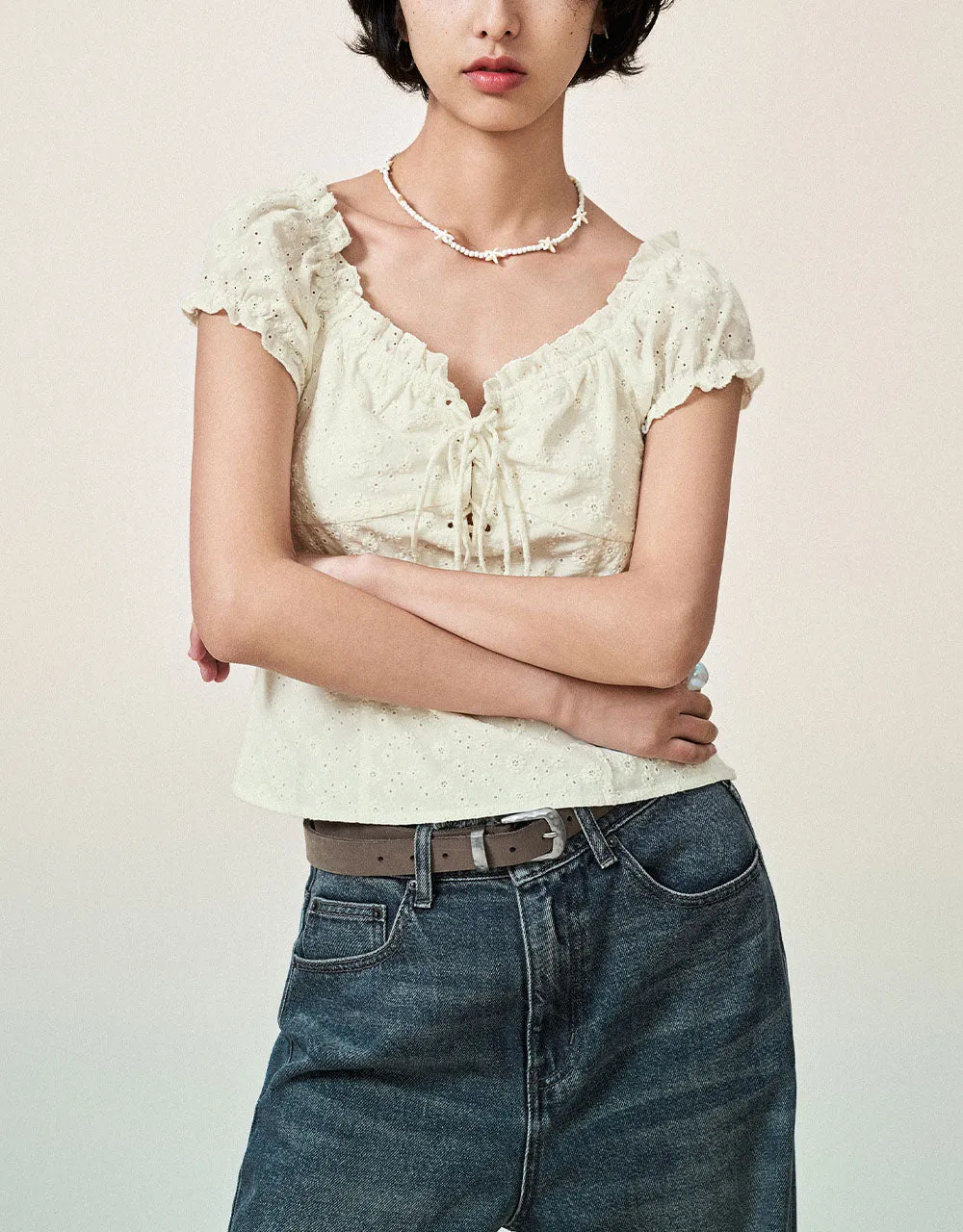 Square-cut Collar Lace Up Blouse sold by Urban Revivo product image thumbnail 2