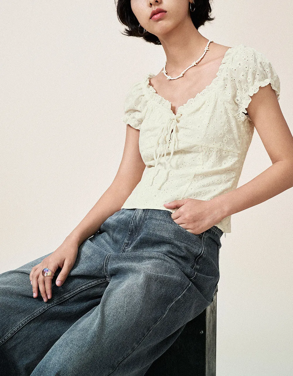 Square-cut Collar Lace Up Blouse sold by Urban Revivo product image thumbnail 3