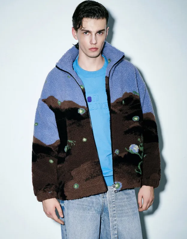 Printed Stand Collar Furry Jacket sold by Urban Revivo