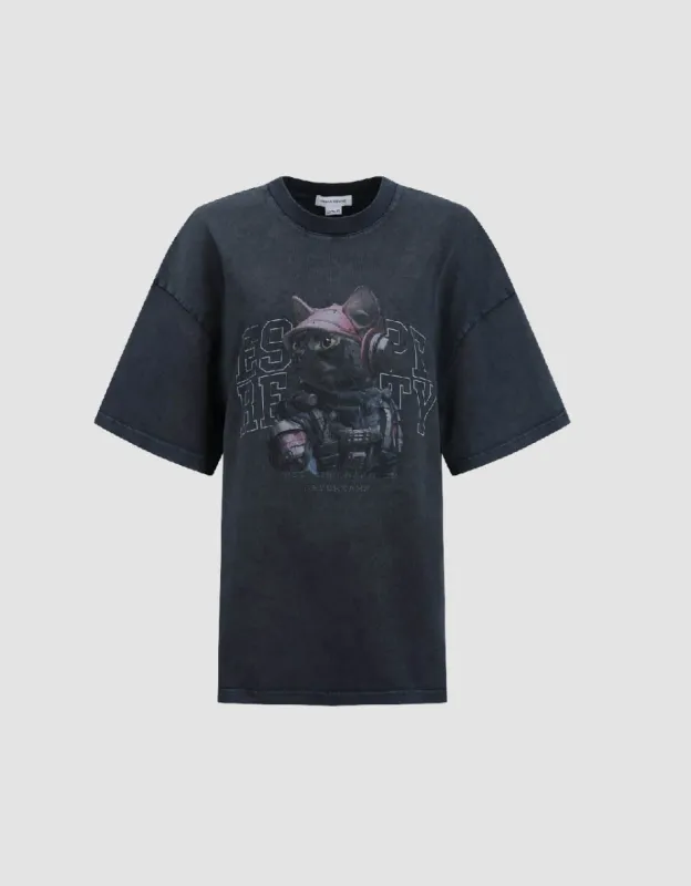 Printed Crew Neck Loose T-Shirt sold by Urban Revivo