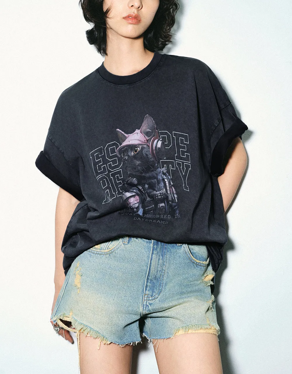 Printed Crew Neck Loose T-Shirt sold by Urban Revivo product image thumbnail 2