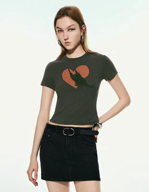 Cat Printed Crew Neck Skinny T-Shirt sold by Urban Revivo