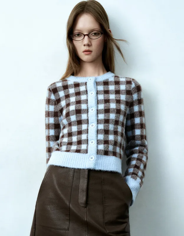 Plaid Crew Neck Knitted Cardigan sold by Urban Revivo