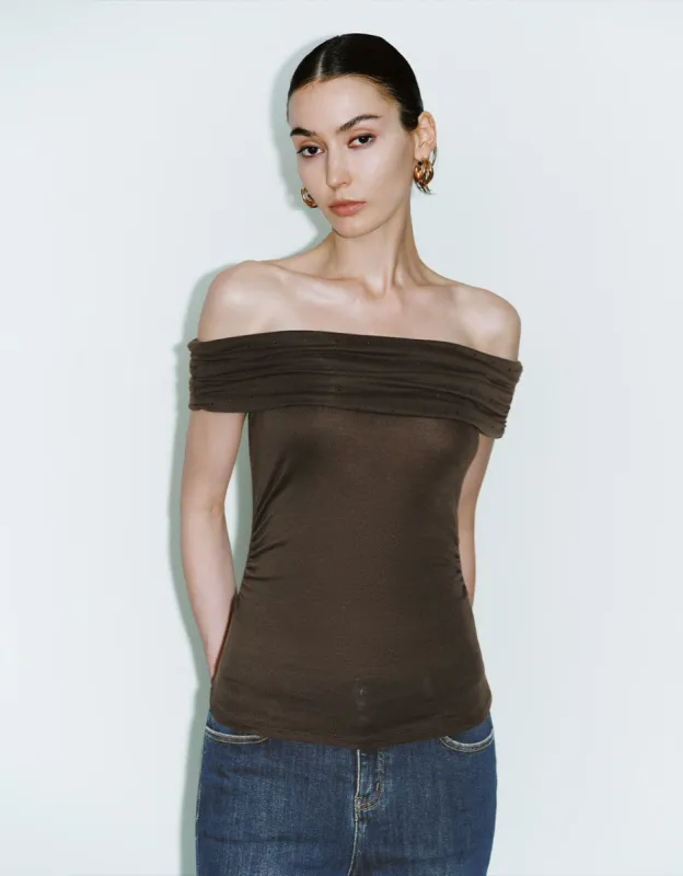 Rhinestone Décor Off-Shoulder Skinny T-Shirt sold by Urban Revivo