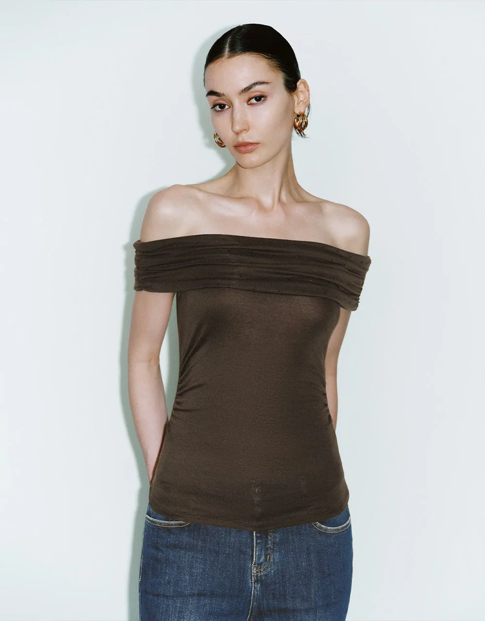 Rhinestone Décor Off-Shoulder Skinny T-Shirt sold by Urban Revivo