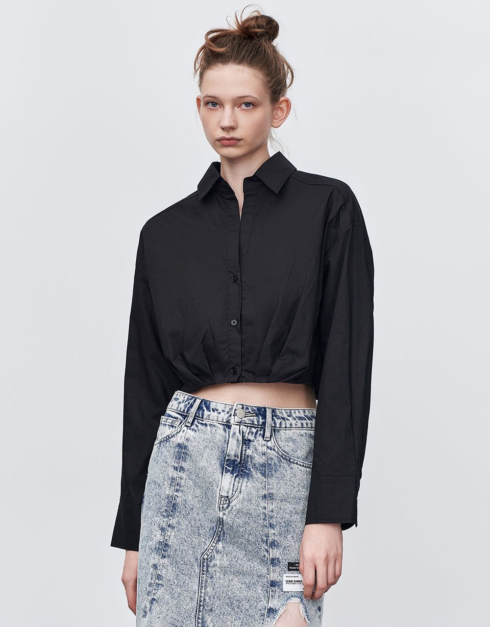 Gathered Waist Cropped Cotton Shirt sold by Urban Revivo