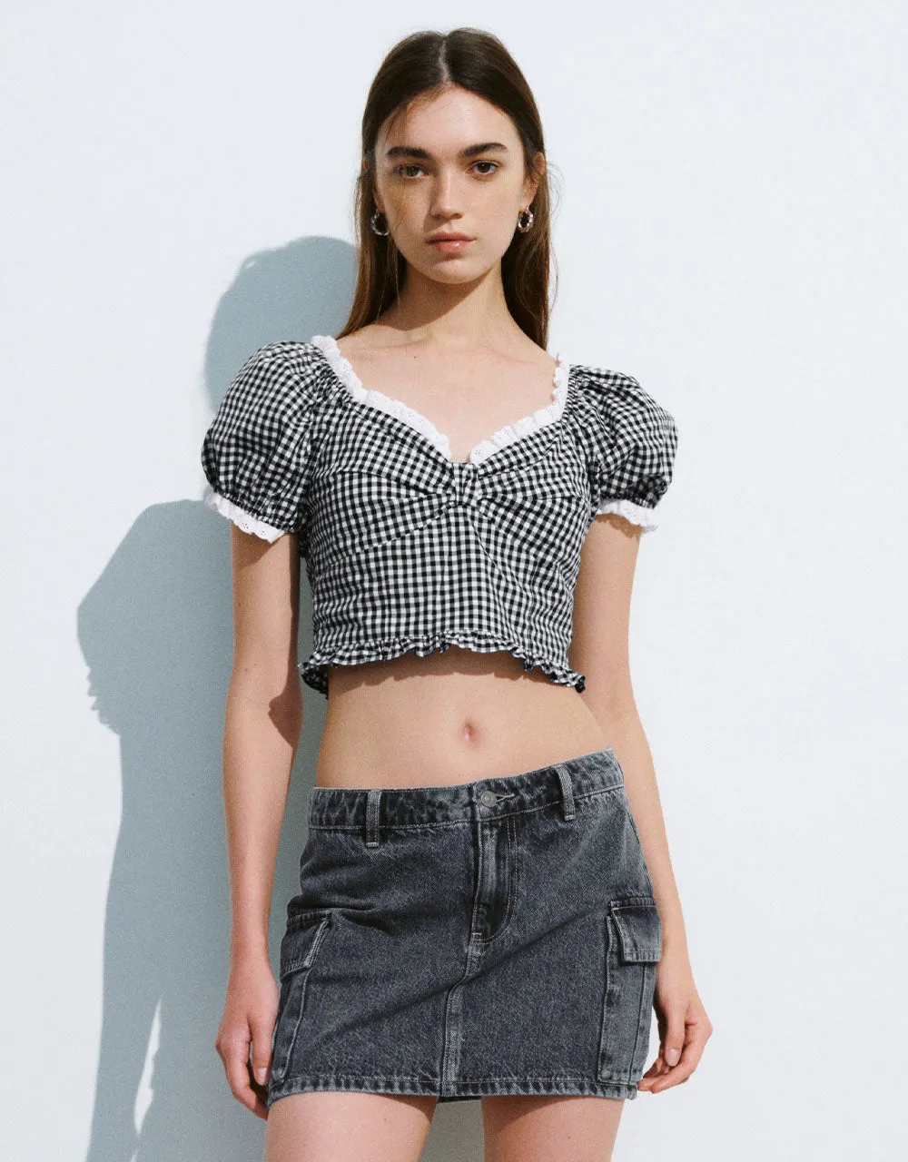 Gingham Sweetheart Neck Blouse sold by Urban Revivo