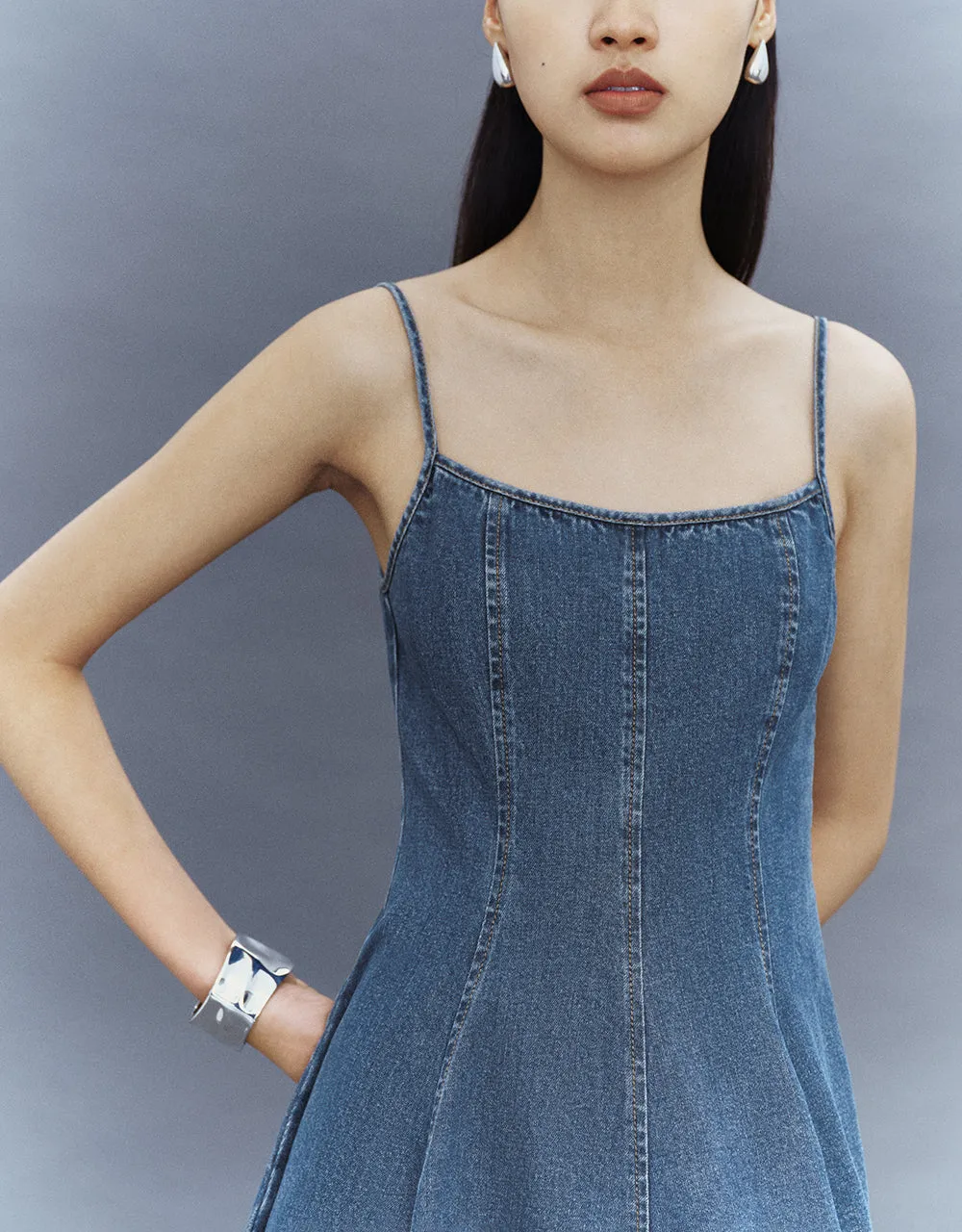 Off-Shoulder Denim Cami A-Line Dress sold by Urban Revivo product image thumbnail 4