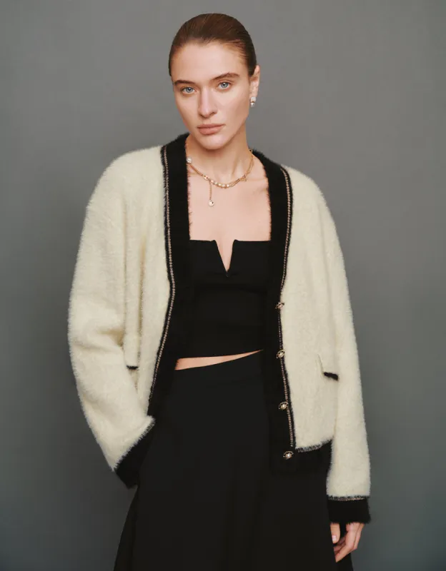 Contrast Trim Furry V-Neck Knitted Cardigan sold by Urban Revivo