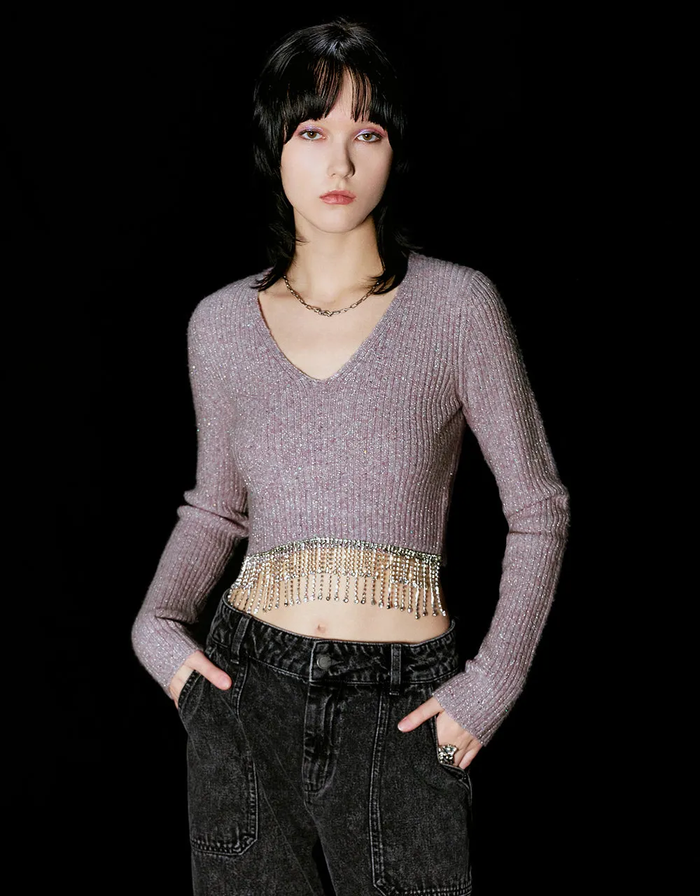 Rhinestone Decor V-Neck Knitted T-Shirt sold by Urban Revivo