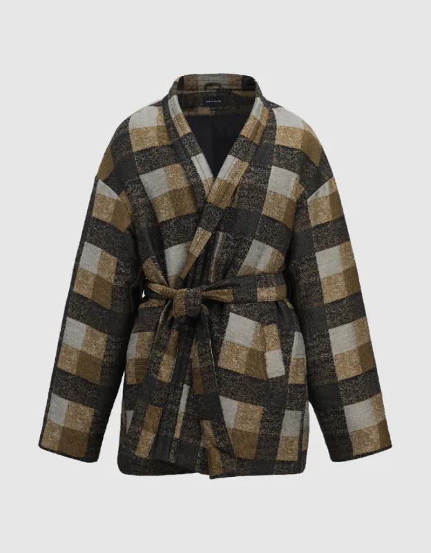 Plaid Down Jacket With Belt made by Urban Revivo