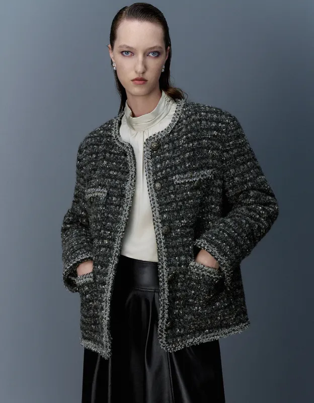 Tweed Crew Neck Down Jacket sold by Urban Revivo