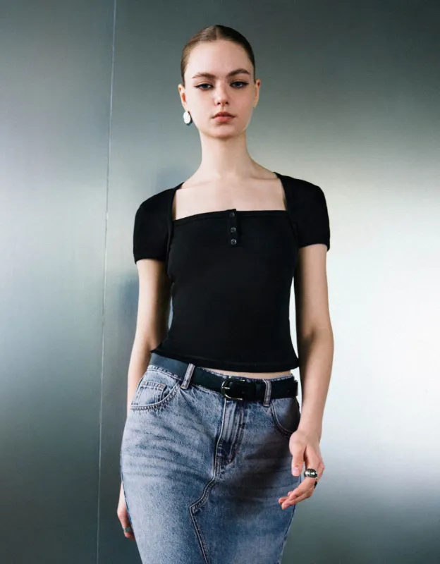 Square-cut Collar Skinny T-Shirt sold by Urban Revivo