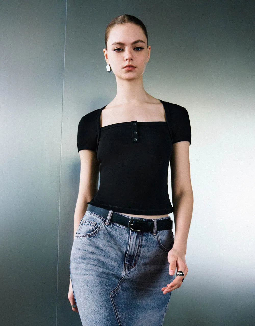 Square-cut Collar Skinny T-Shirt sold by Urban Revivo