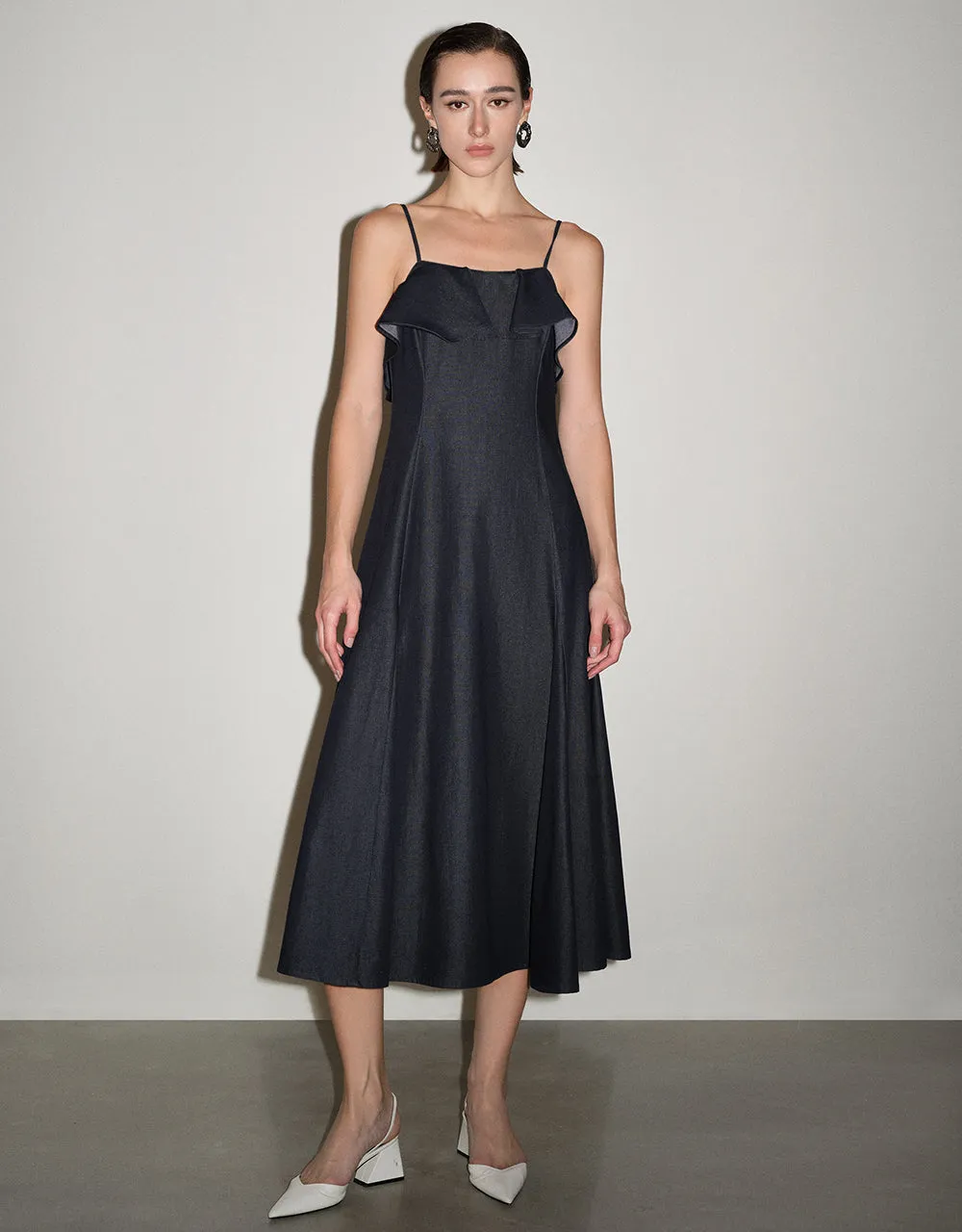 Ruffle Off-Shoulder Denim Cami Dress sold by Urban Revivo