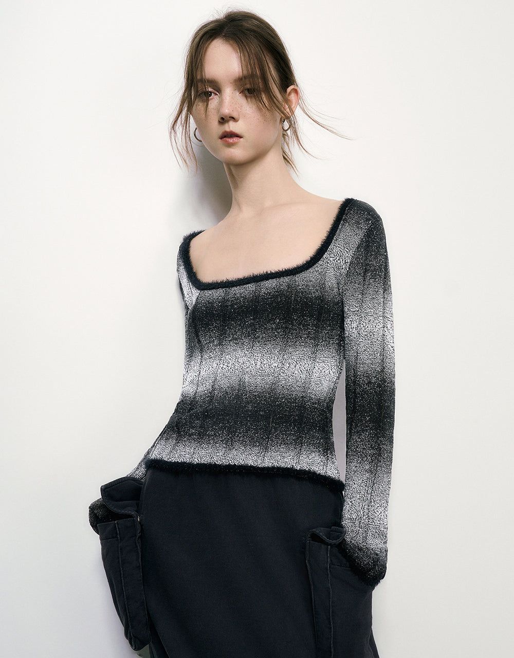 Square-Cut Collar Striped Knitted T-Shirt sold by Urban Revivo