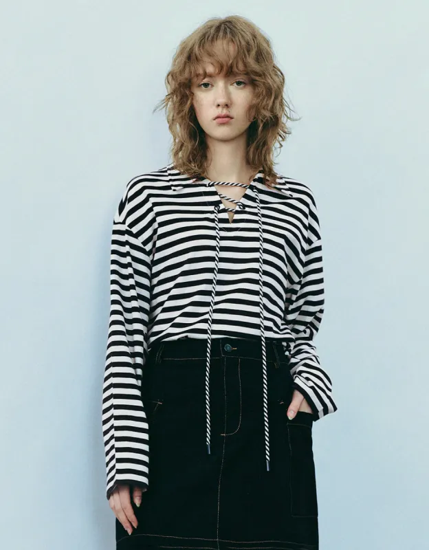 Striped Lapel Loose T-Shirt sold by Urban Revivo