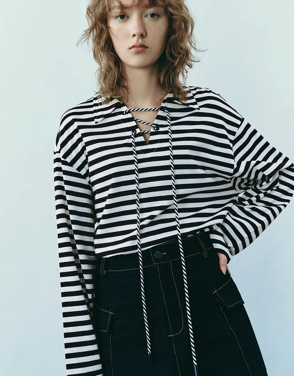 Striped Lapel Loose T-Shirt sold by Urban Revivo product image thumbnail 4