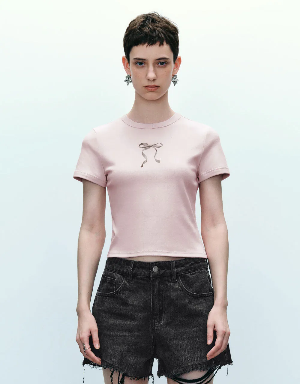 Bow Printed Crew Neck Skinny T-Shirt sold by Urban Revivo