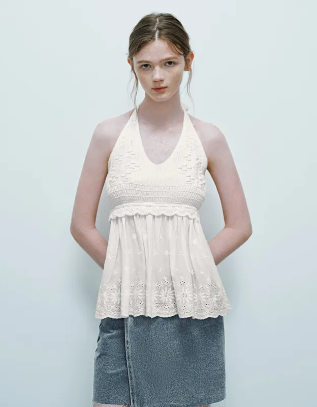 Sleeveless Halter Neck Knitted T-Shirt sold by Urban Revivo