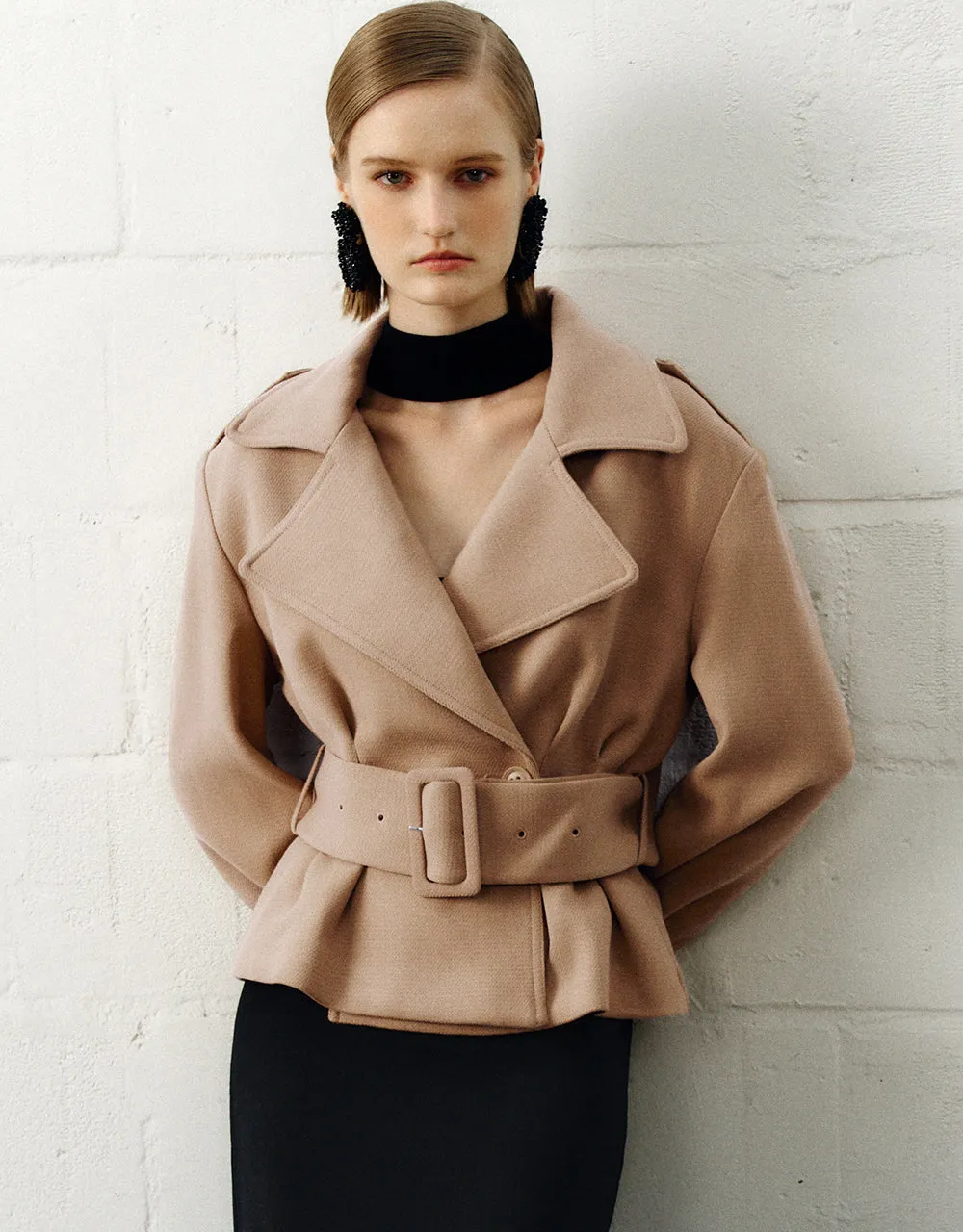 Notch Lapel Skater Wool Blend Jacket With Belt sold by Urban Revivo