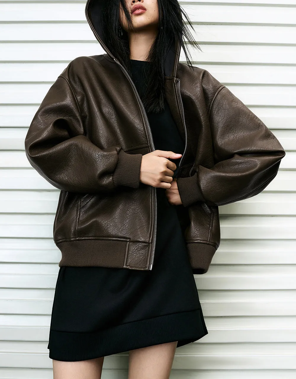 Zipper Front Vegan Leather Hooded Jacket sold by Urban Revivo product image thumbnail 2