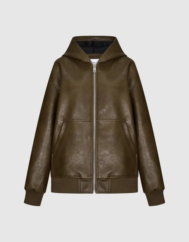 Zipper Front Vegan Leather Hooded Jacket sold by Urban Revivo