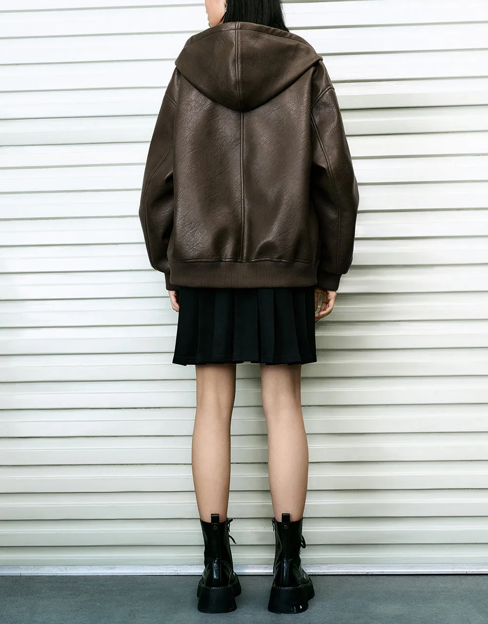 Zipper Front Vegan Leather Hooded Jacket sold by Urban Revivo product image thumbnail 4