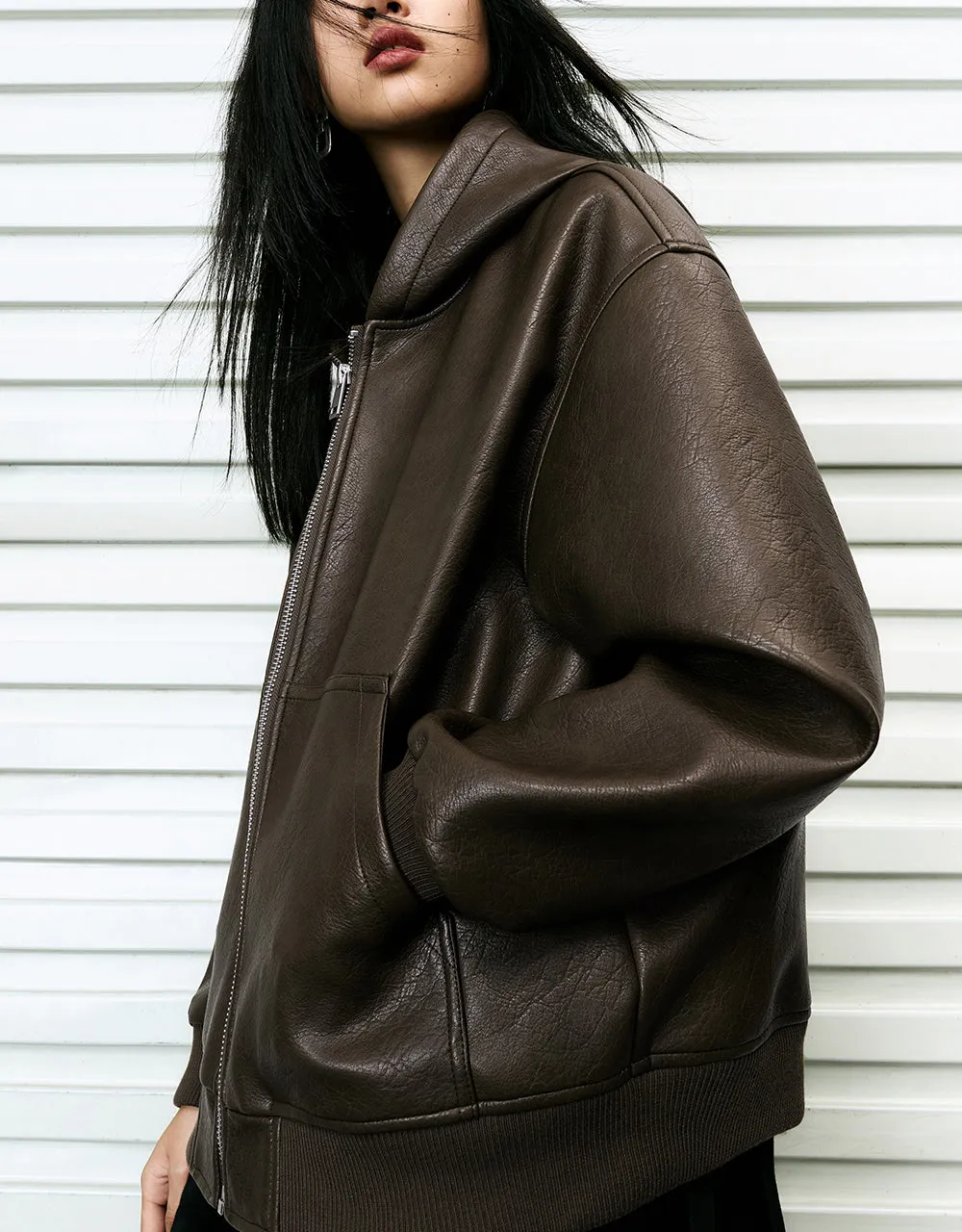 Zipper Front Vegan Leather Hooded Jacket sold by Urban Revivo product image thumbnail 3