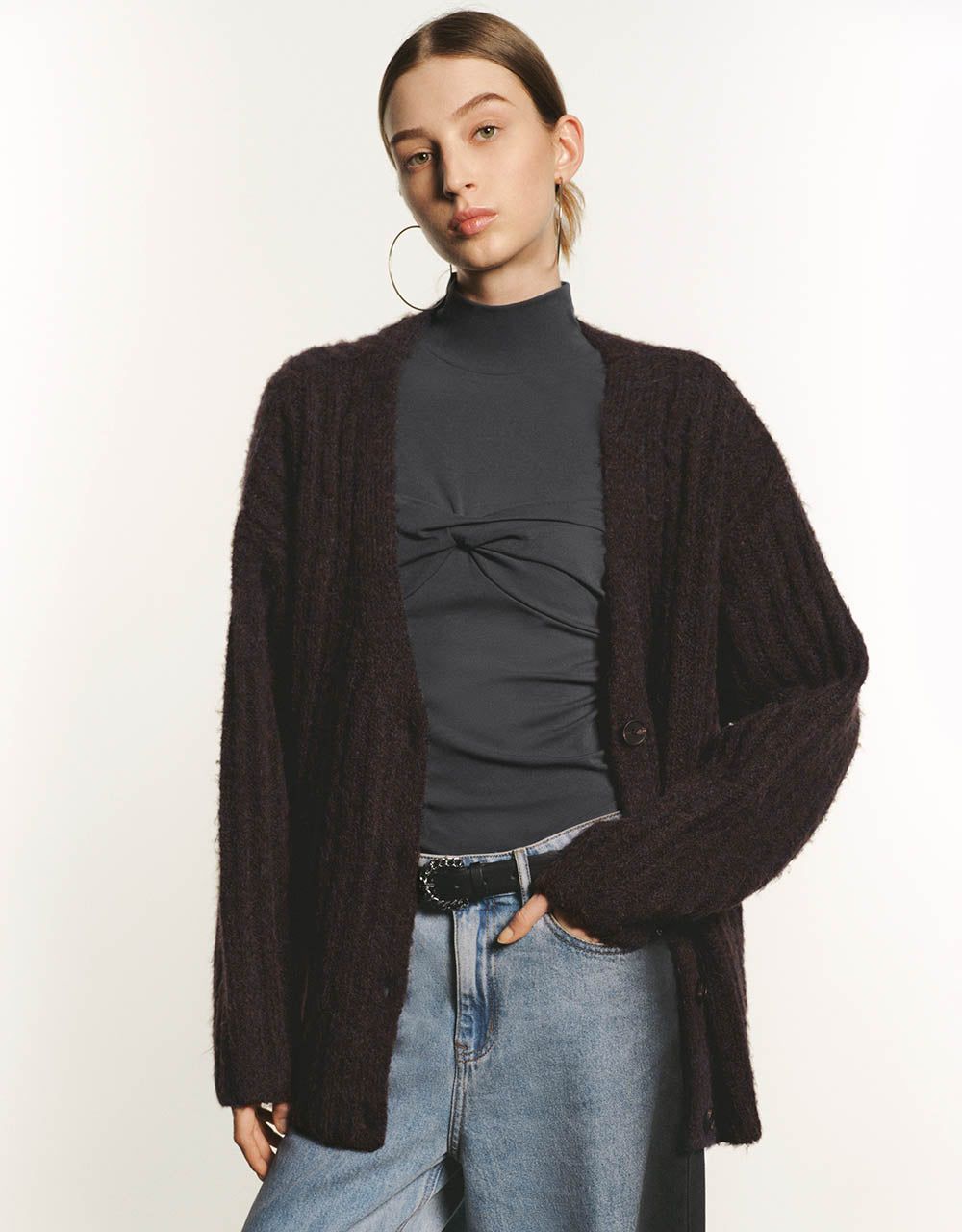 Drop Shoulder Sleeve Furry Knitted Cardigan sold by Urban Revivo