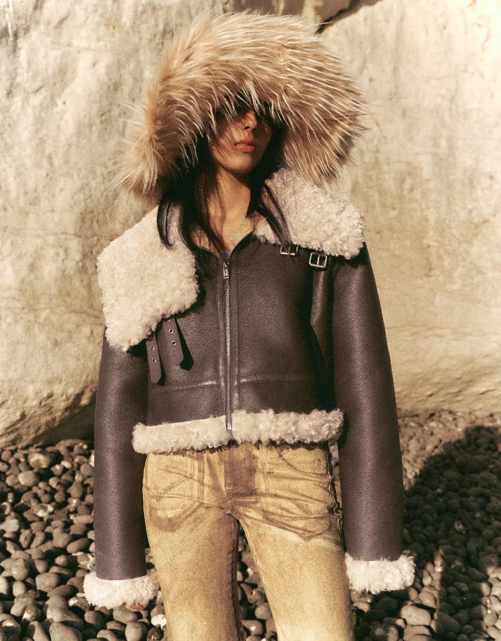 Zipper Front Vegan Leather Jacket With Furry Collar sold by Urban Revivo