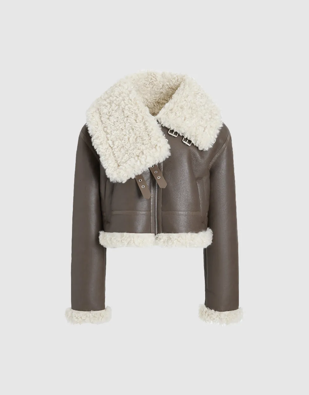 Zipper Front Vegan Leather Jacket With Furry Collar sold by Urban Revivo product image thumbnail 2