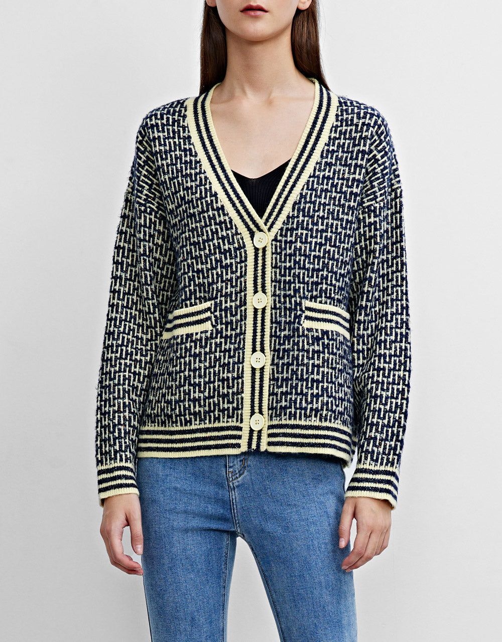 Striped Trim Tweed Plaid Pattern Cardigan sold by Urban Revivo product image thumbnail 2