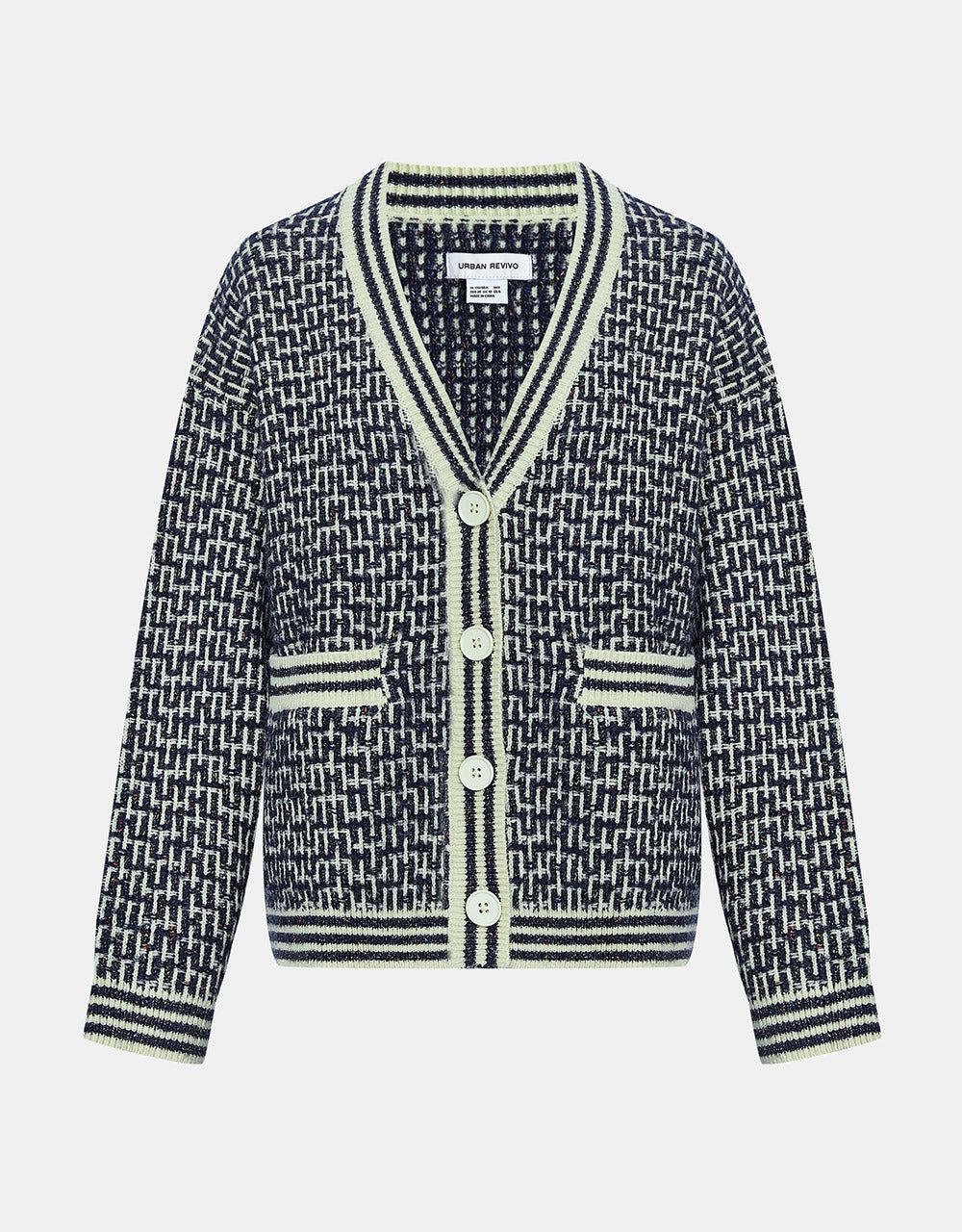 Striped Trim Tweed Plaid Pattern Cardigan sold by Urban Revivo