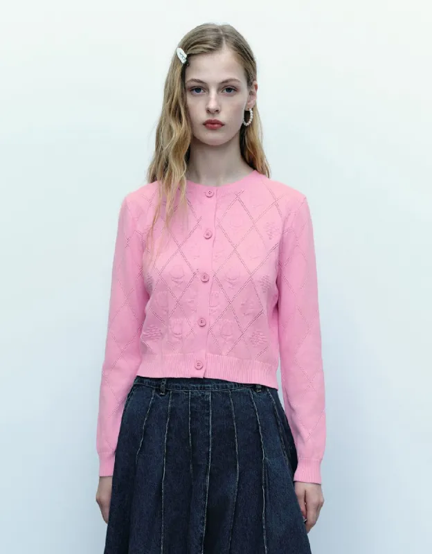 Embossed Crew Neck Knitted Cardigan sold by Urban Revivo