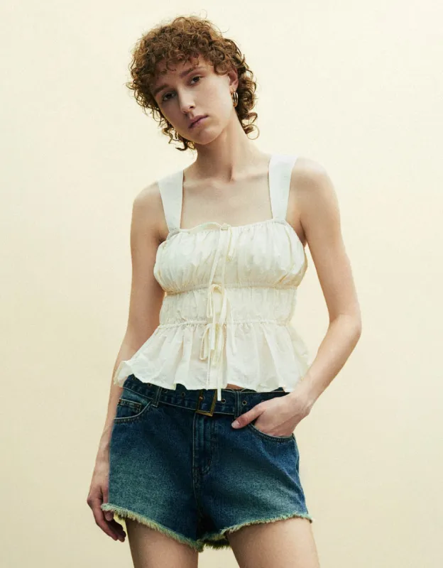 Lace Up Front Square-cut Collar Cami Top sold by Urban Revivo