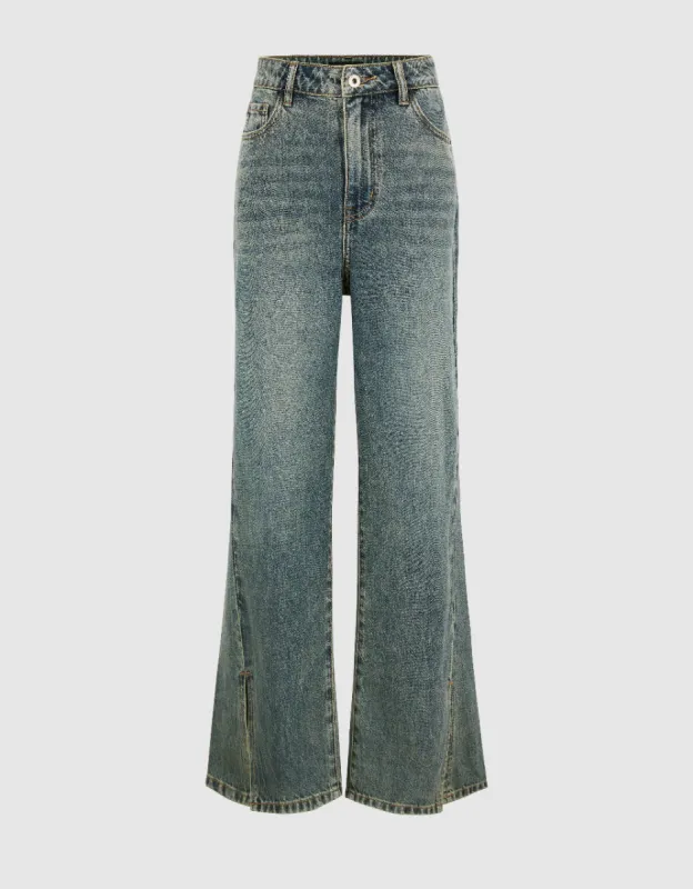 Split Hem Straight Jeans sold by Urban Revivo