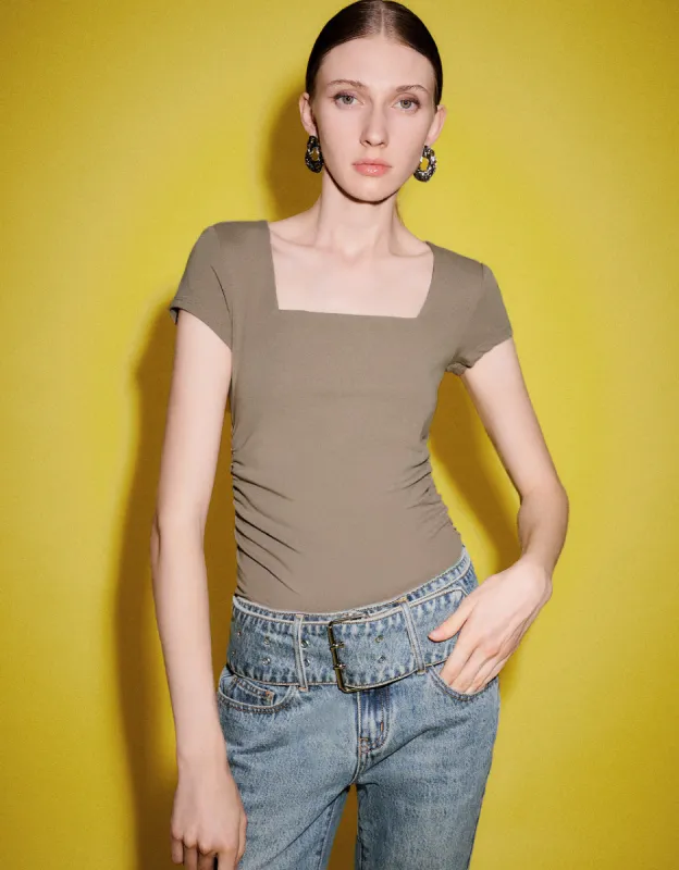 Square-cut Collar Skinny T-Shirt sold by Urban Revivo