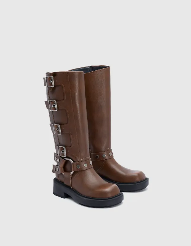 Multi-Buckle Round Toe Knee Boots sold by Urban Revivo