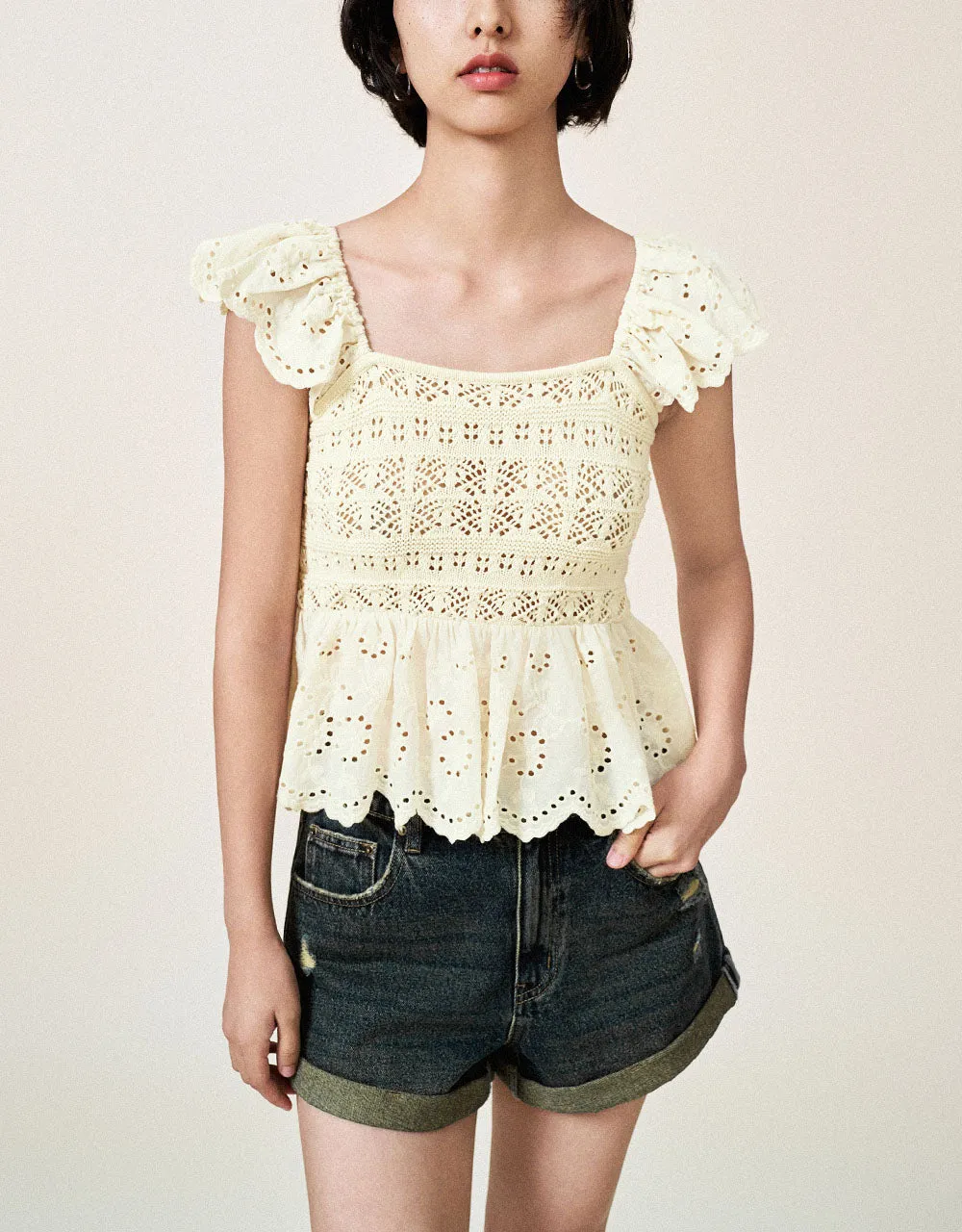 Crochet Square-cut Collar Knitted T-Shirt sold by Urban Revivo product image thumbnail 2