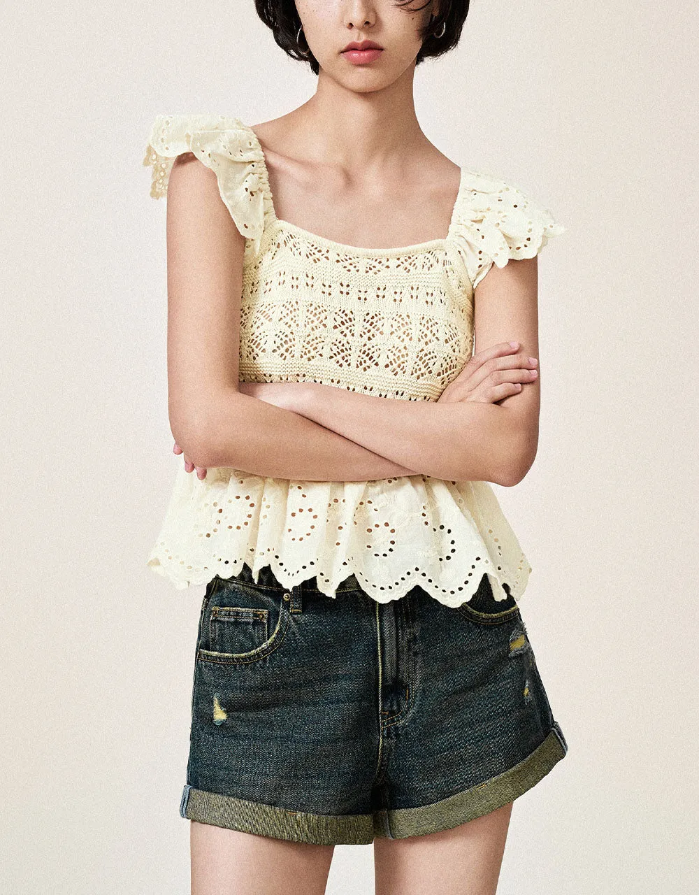 Crochet Square-cut Collar Knitted T-Shirt sold by Urban Revivo product image thumbnail 3