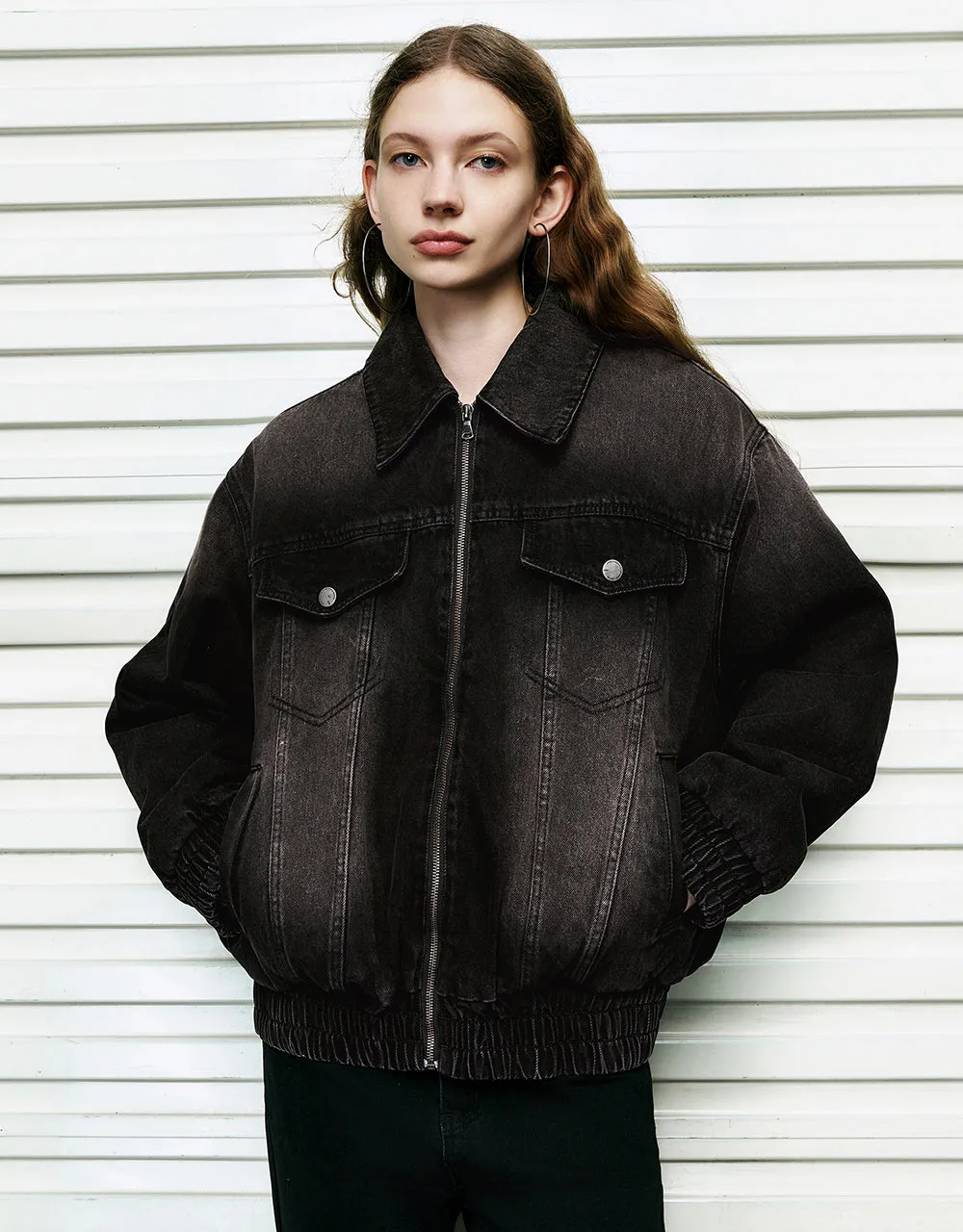 Elastic Hem Zipper Front Denim Jacket sold by Urban Revivo