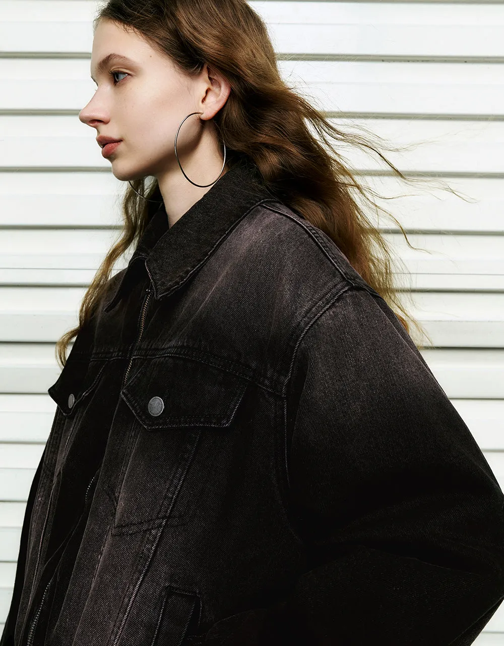 Elastic Hem Zipper Front Denim Jacket sold by Urban Revivo product image thumbnail 5