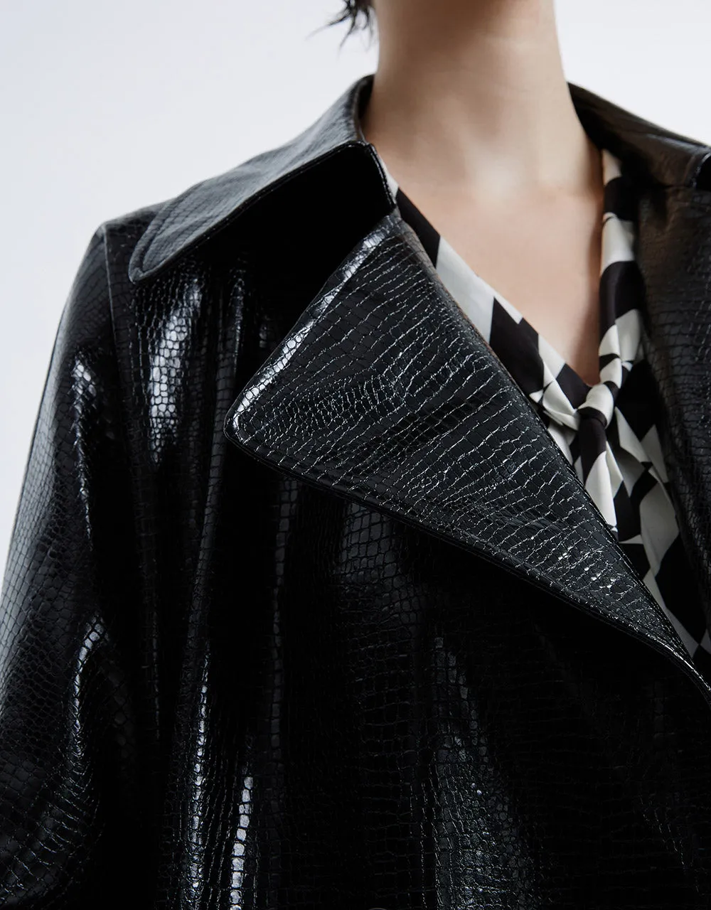 Croc Effect Belted Faux Leather Coat sold by Urban Revivo product image thumbnail 4