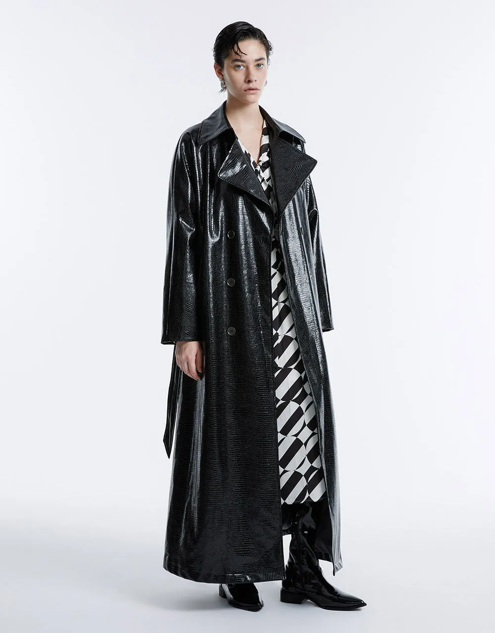 Croc Effect Belted Faux Leather Coat sold by Urban Revivo product image thumbnail 2