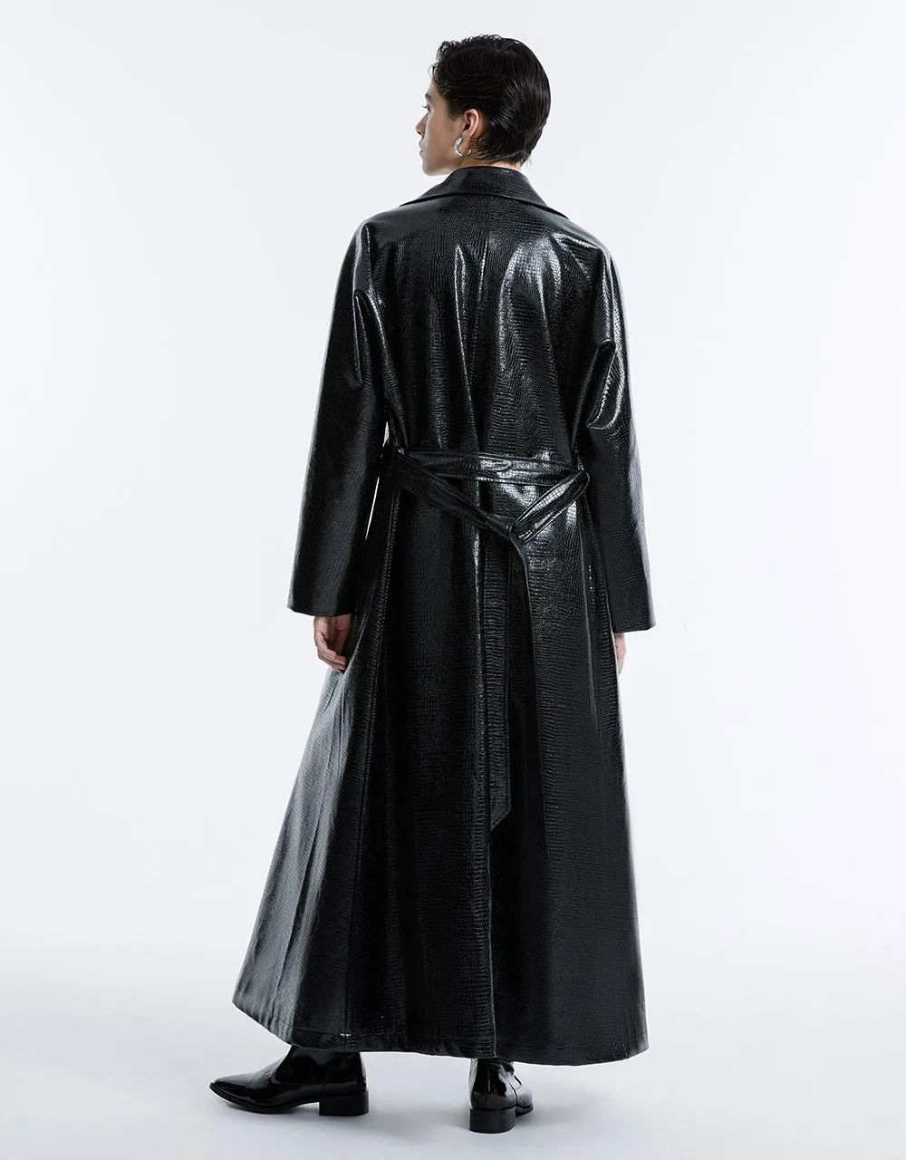 Croc Effect Belted Faux Leather Coat sold by Urban Revivo product image thumbnail 3