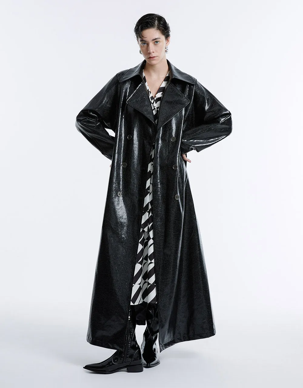 Croc Effect Belted Faux Leather Coat sold by Urban Revivo