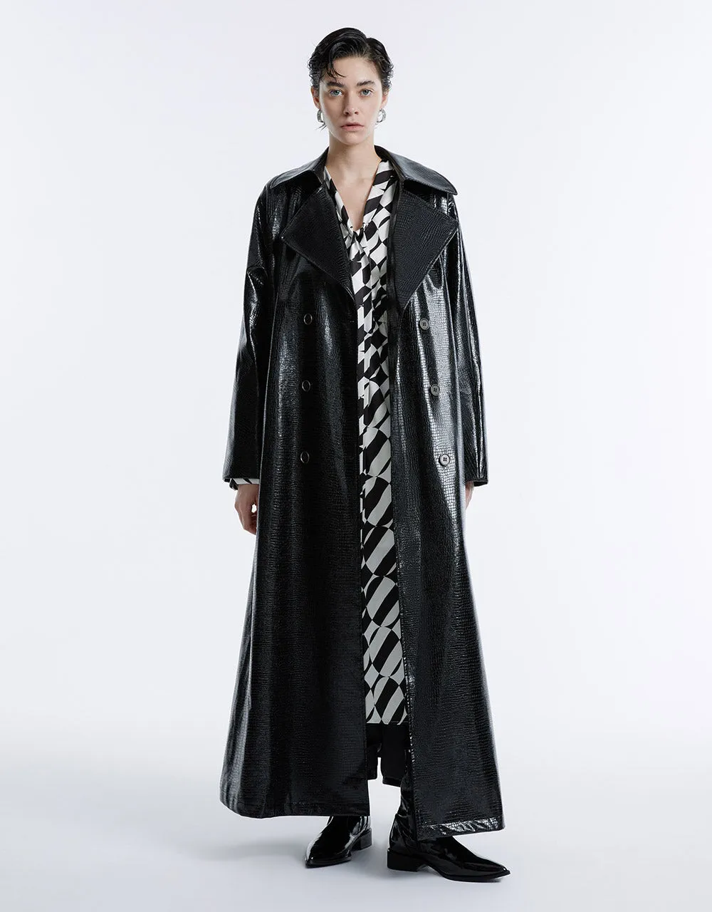 Croc Effect Belted Faux Leather Coat sold by Urban Revivo product image thumbnail 5