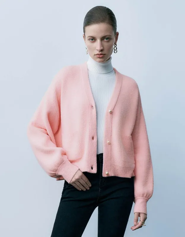 Faux Pearl Button Furry Knitted Cardigan sold by Urban Revivo